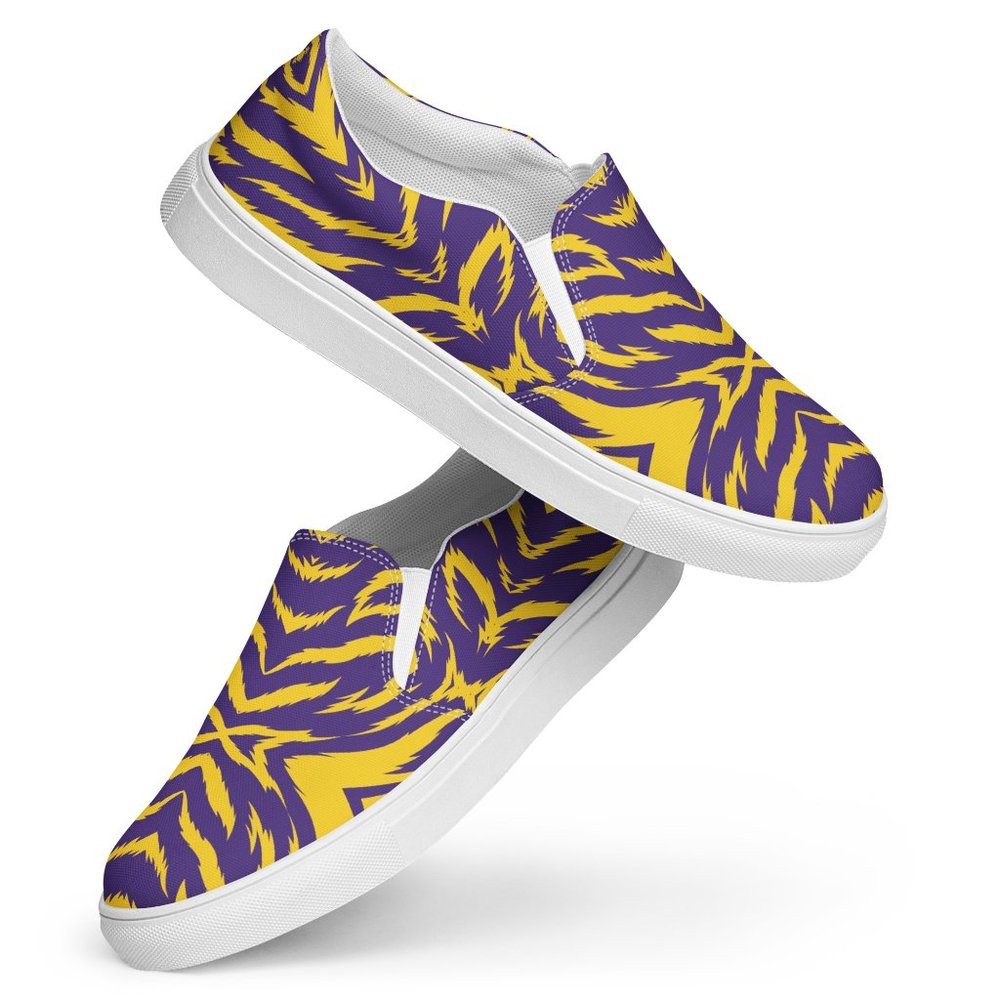NEW Purple Gold Tiger Stripes Game Day Womens Comfy Slip On Shoes - Picture 3 of 16